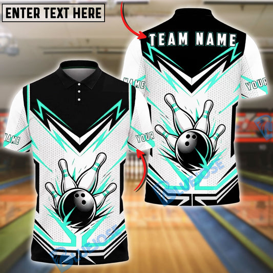 BlueJose Bowling And Pins White Energy Ball Design Customized Name, Team Name 3D Shirt (4 Colors)