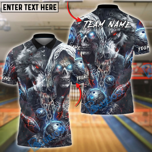 BlueJose Bowling And Pins Dark Fantasy Wolf Skull Chain Design Customized Name, Team Name 3D Shirt (4 Colors)