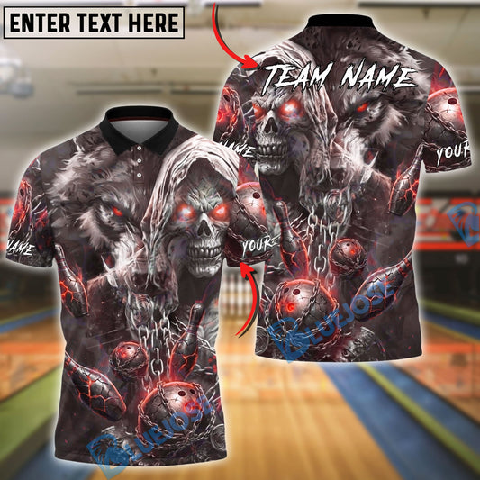 BlueJose Bowling And Pins Dark Fantasy Wolf Skull Chain Design Customized Name, Team Name 3D Shirt (4 Colors)
