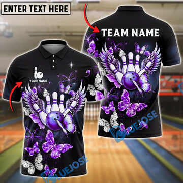 BlueJose  Bowling And Pins Butterfly Wings Art Customized Name, Team Name 3D Shirt (4 Colors)