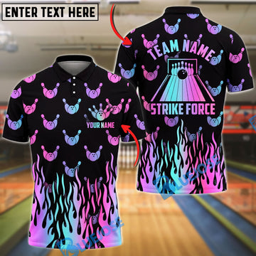 BlueJose Bowling Strike Force Neon Flames Gradient Customized Name, Team Name 3D Shirt