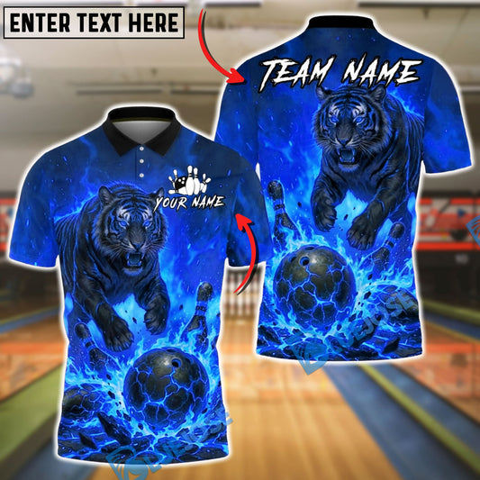 BlueJose Bowling And Pins Fire Tiger Strike Lava Explosion Customized Name, Team Name 3D Shirt (4 Colors)