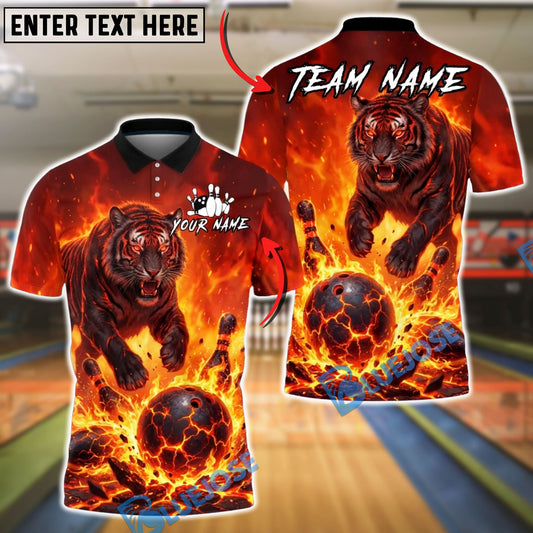 BlueJose Bowling And Pins Fire Tiger Strike Lava Explosion Customized Name, Team Name 3D Shirt (4 Colors)