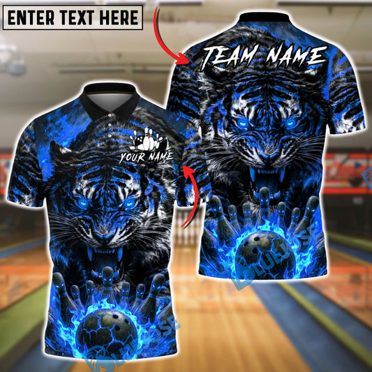 BlueJose Bowling And Pins Fierce Tiger Flaming Bowling Ball Power Customized Name, Team Name 3D Shirt (4 Colors)