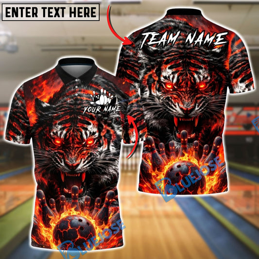 BlueJose Bowling And Pins Fierce Tiger Flaming Bowling Ball Power Customized Name, Team Name 3D Shirt (4 Colors)