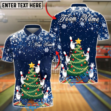 BlueJose Bowling And Pins Christmas Tree Holiday Snow Customized Name, Team Name 3D Shirt (4 Colors)