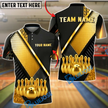 BlueJose Bowling And Pin Geometric Gold Black Pattern with Realistic Bowling Ball 3D Design Customized Name, Team Name 3D Shirt (6 Colors)