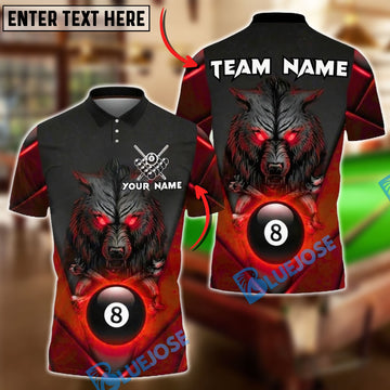 BlueJose Billiards Ball 8 Pool Wolf Flame Personalized Name, Team Name Unisex Shirt (4 Colors)
