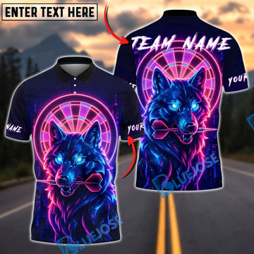 BlueJose Darts Neon Wolf Dart Glow Personalized Name, Team Name Unisex Shirt (4 Colors)