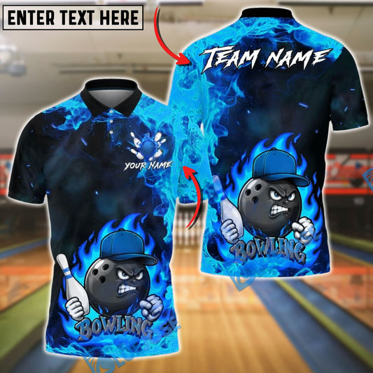 BlueJose Bowling And Pins Flame Ball Cartoon Fire Style Customized Name, Team Name 3D Shirt (4 Colors)