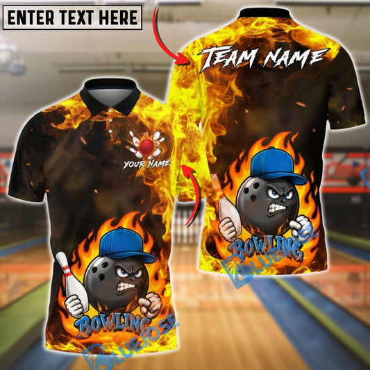 BlueJose Bowling And Pins Flame Ball Cartoon Fire Style Customized Name, Team Name 3D Shirt (4 Colors)