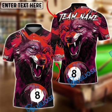 BlueJose Billiards 8-Ball Blood Wolf Design Personalized Name, Team Name Unisex Shirt (4 Colors)