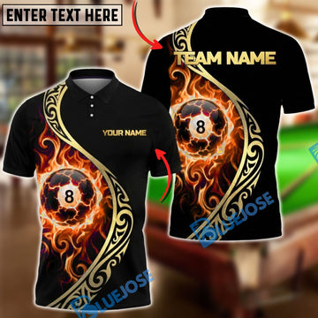 BlueJose Billiards 8 Ball Golden Tribal Fire Personalized Name, Team Name Unisex Shirt (4 Colors)