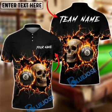 BlueJose Billiards Flaming 8 Ball Skull Black Personalized Name, Team Name Unisex Shirt (4 Colors)