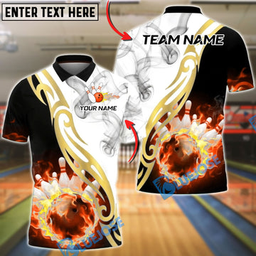 BlueJose Bowling And Pins White Fire Smoke Golden Tribal Customized Name, Team Name 3D Shirt (4 Colors)