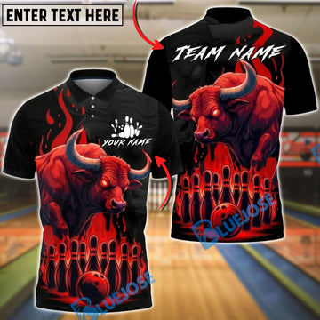 BlueJose Bowling And Pins Bull Fire Flames Design Customized Name, Team Name 3D Shirt (4 Colors)