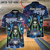 BlueJose Bowling And Pins Reaper Neon Graffiti Skull Girl Customized Name, Team Name 3D Shirt (4 Colors)