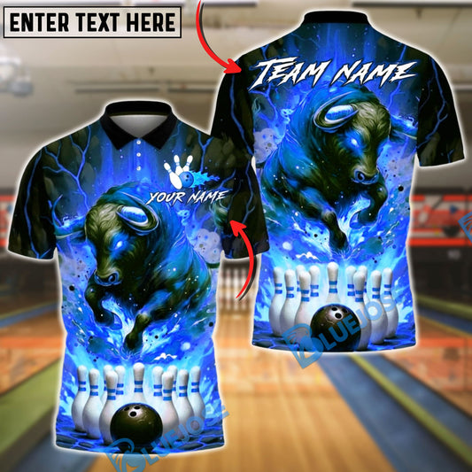 BlueJose Bowling Flaming Bull Fire Explosion Theme Customized Name, Team Name 3D Shirt (4 Colors)