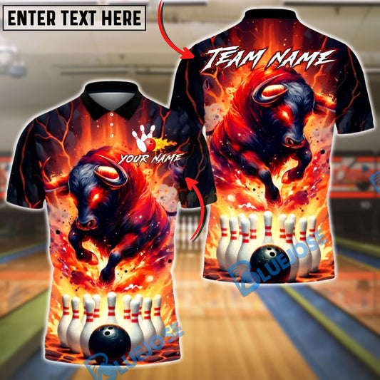 BlueJose Bowling Flaming Bull Fire Explosion Theme Customized Name, Team Name 3D Shirt (4 Colors)