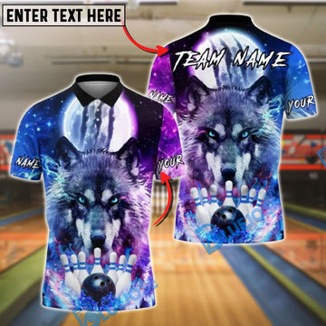 BlueJose Bowling And Pins Moonlight Galaxy Wolf Customized Name, Team Name 3D Shirt (4 Colors)