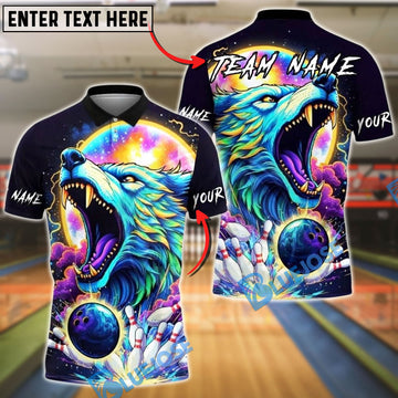 BlueJose Bowling And Pins Neon Cosmic Wolf Customized Name, Team Name 3D Shirt (4 Colors)
