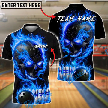 BlueJose Bowling And Pins Flame Skull Fire Pattern Customized Name, Team Name 3D Shirt (4 Colors)