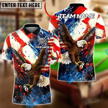 BlueJose Billiards Ball 8 Bald Eagle American Flag Splash Art Customized Name, Team Name 3D Shirt