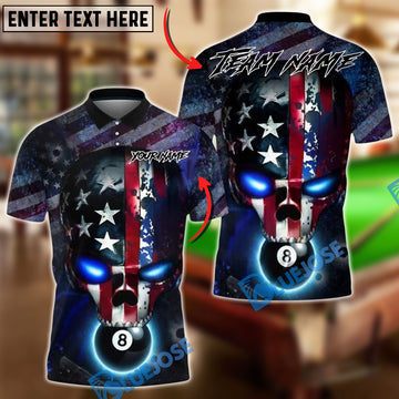 BlueJose Billiards Ball 8 USA Flag Skull Flame Customized Name, Team Name 3D Shirt