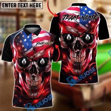BlueJose Billiards Ball 8 USA Skull Flame Customized Name, Team Name 3D Shirt