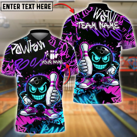BlueJose Bowling & Pins Neon Graffiti Smiley Bowling Ball Graphic  Customized Name, Team Name 3D Shirt (4 Colors)