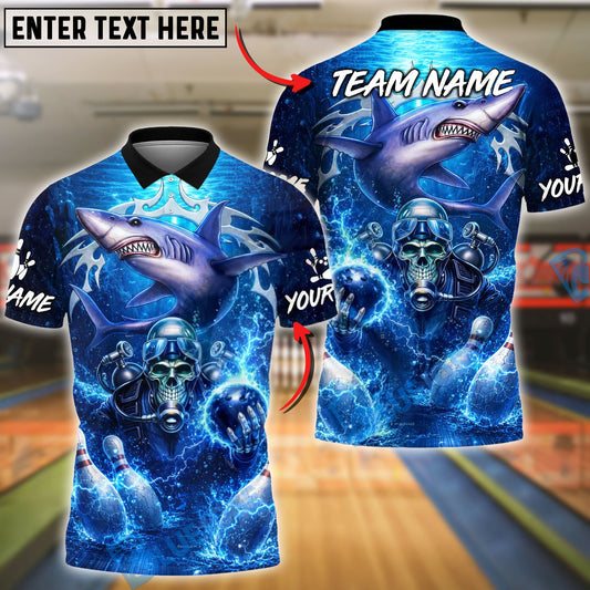 BlueJose Bowling & Pins Shark & Scuba Skull Electric Ocean Graphic Customized Name, Team Name 3D Shirt (6 Colors)