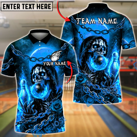 BlueJose Bowling & Pins Flaming Skull Moon Rose Chain Customized Name, Team Name 3D Shirt (4 Colors)