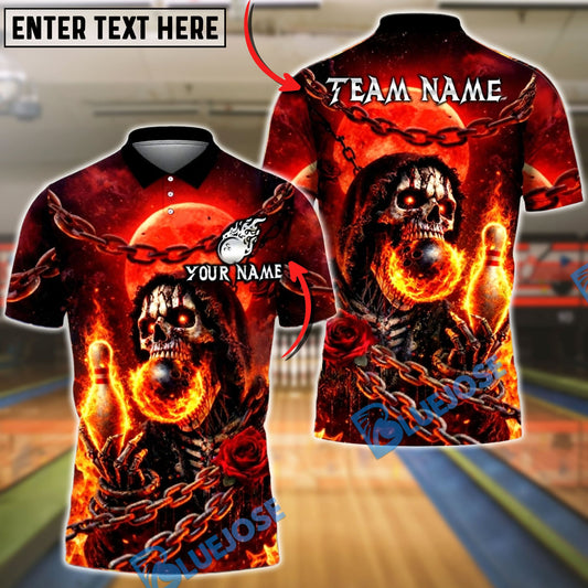 BlueJose Bowling & Pins Flaming Skull Moon Rose Chain Customized Name, Team Name 3D Shirt (4 Colors)