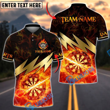 BlueJose Darts Flaming Dartboard Lightning Strike Fire Design Multicolor Options Personalized Name Shirt (4 Colors)