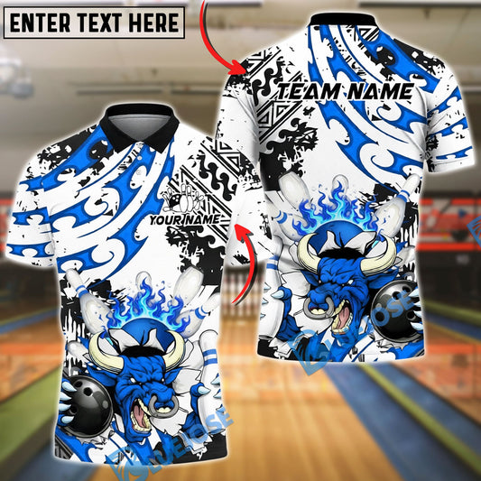 BlueJose Bowling & Pins Angry Bull Fire Tribal Art  Customized Name, Team Name 3D Shirt (4 Colors)
