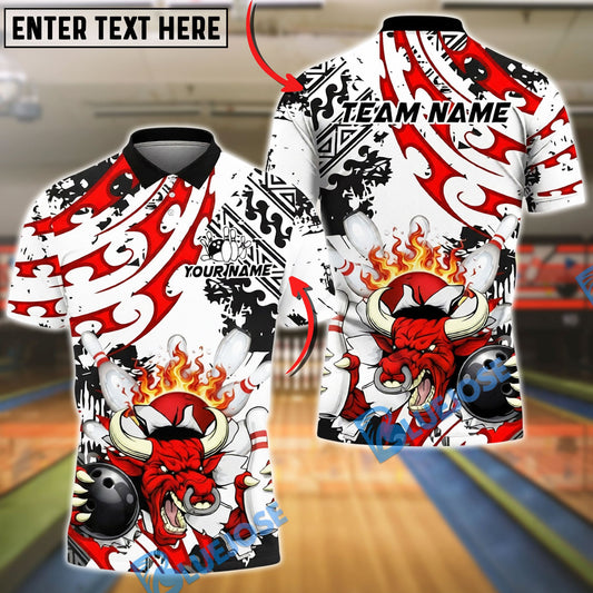BlueJose Bowling & Pins Angry Bull Fire Tribal Art  Customized Name, Team Name 3D Shirt (4 Colors)
