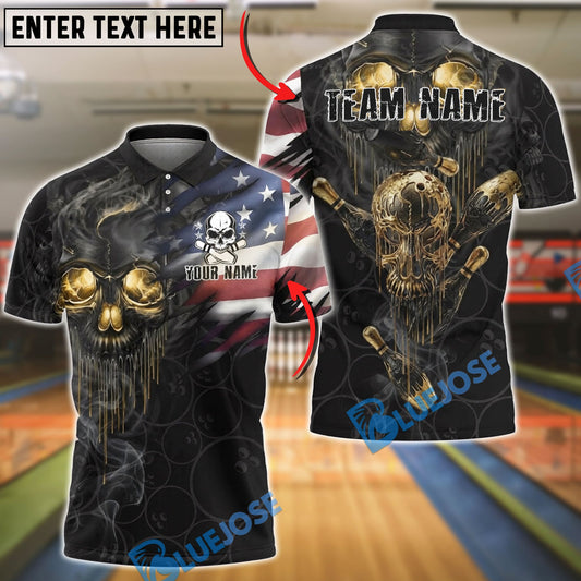 BlueJose Bowling And Pins Skull American Flag Melting Golden Pins Customized Name, Team Name 3D Shirt