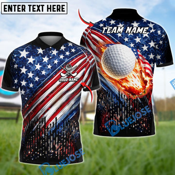 BlueJose Golf USA Flag Flaming Golf Ball Patriotic Golfer Design Customized Name, Team Name Shirts