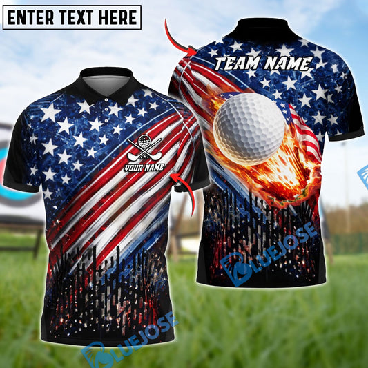 BlueJose Golf USA Flag Flaming Golf Ball Patriotic Golfer Design Customized Name, Team Name Shirts