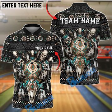 BlueJose Bowling Native Western Skull Ball Pins Design Customized Name, Team Name 3D Shirt