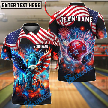 BlueJose Bowling Patriotic American Flag Statue of Liberty Eagle Fireworks Customized Name, Team Name 3D Shirt