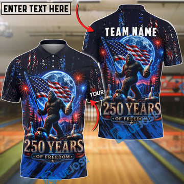 BlueJose Bowling Bigfoot American Flag 250 Years Freedom Design Customized Name, Team Name 3D Shirt