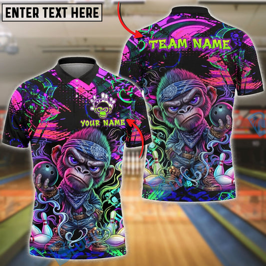 BlueJose Bowling And Pins Angry Monkey Neon Graffiti Customized Name, Team Name 3D Shirt