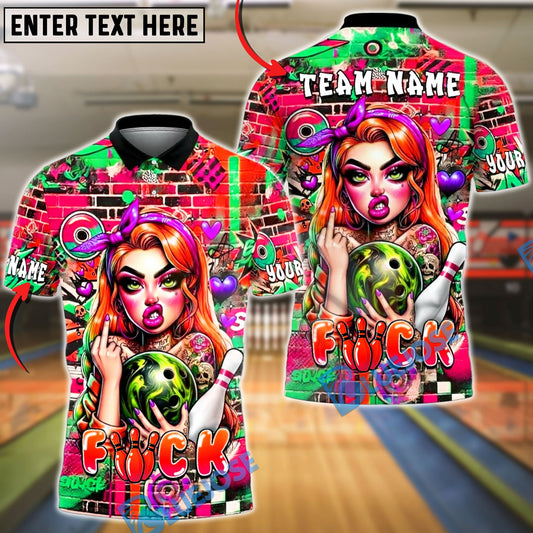 BlueJose Bowling & Pins Punk Girl Graffiti Wall Bowling Ball Tattoo Style Customized Name, Team Name 3D Shirt (6 Colors)