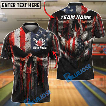 BlueJose Bowling Melt Grunge American Flag Punisher Skull Ball Pins Design Customized Name, Team Name 3D Shirt