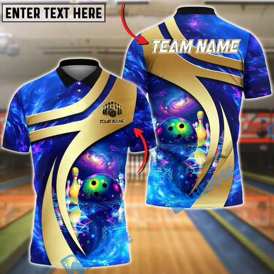BlueJose Bowling & Pins Cosmic Galaxy Bowling Ball Neon Graphic Customized Name, Team Name 3D Shirt (4 Colors)
