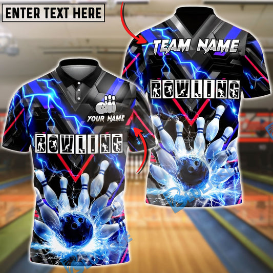 BlueJose Bowling & Pins Lightning Strike Electric Energy Graphic Customized Name, Team Name 3D Shirt (4 Colors)