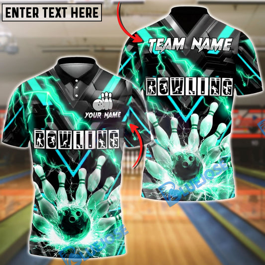 BlueJose Bowling & Pins Lightning Strike Electric Energy Graphic Customized Name, Team Name 3D Shirt (4 Colors)