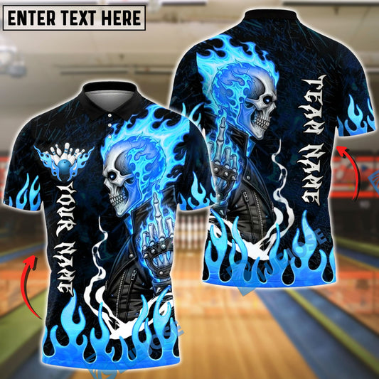 BlueJose Bowling & Pins Flaming Biker Skull Middle Finger Customized Name, Team Name 3D Shirt (4 Colors)