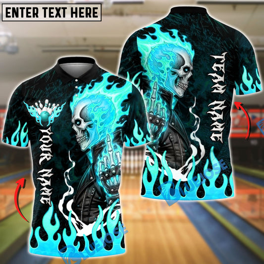 BlueJose Bowling & Pins Flaming Biker Skull Middle Finger Customized Name, Team Name 3D Shirt (4 Colors)